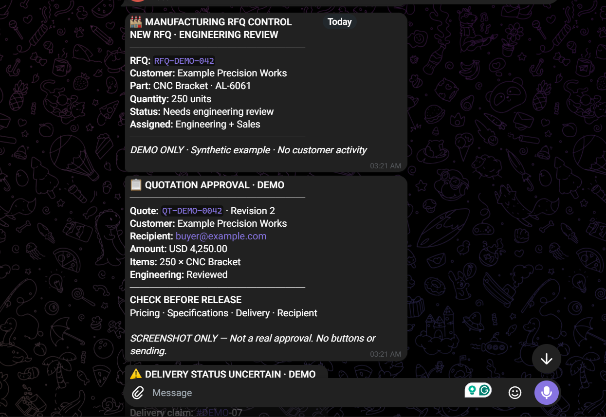 Manufacturing RFQ Control approval and delivery screenshot
